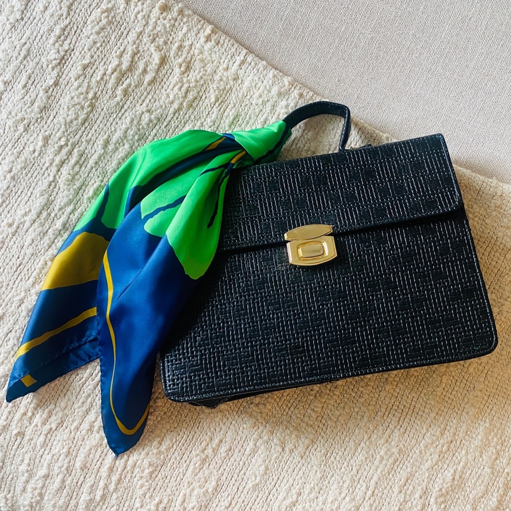 Vintage Black Woven Texture Briefcase W Gold Brass Closure